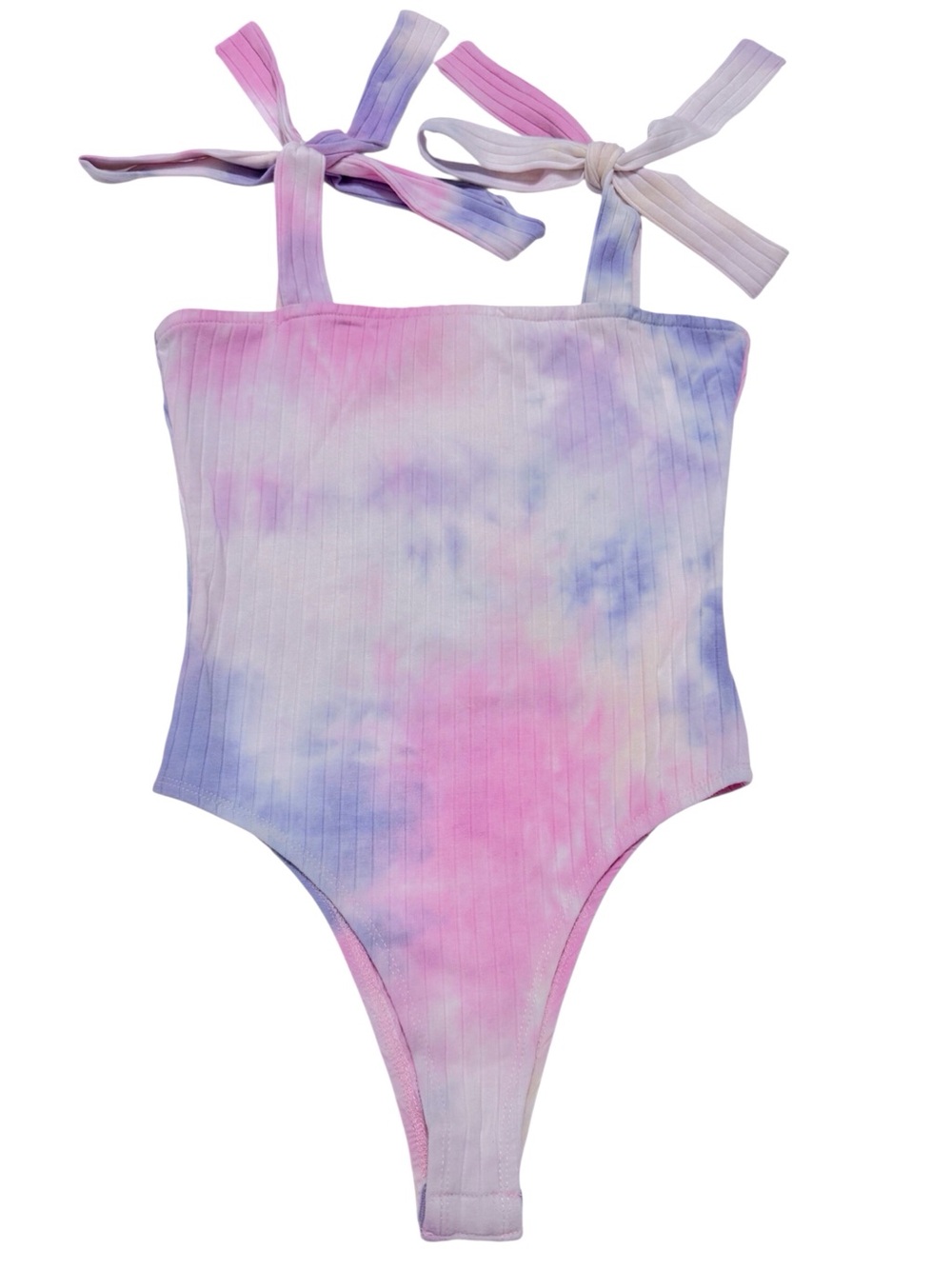 Fanco Ribbed Tie Dye Bodysuit Tie Straps Tank Top Bodysuit Pink Purple Small